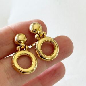 Vintage Gold Tone Round Drop Earrings Clip on Circle Dangles